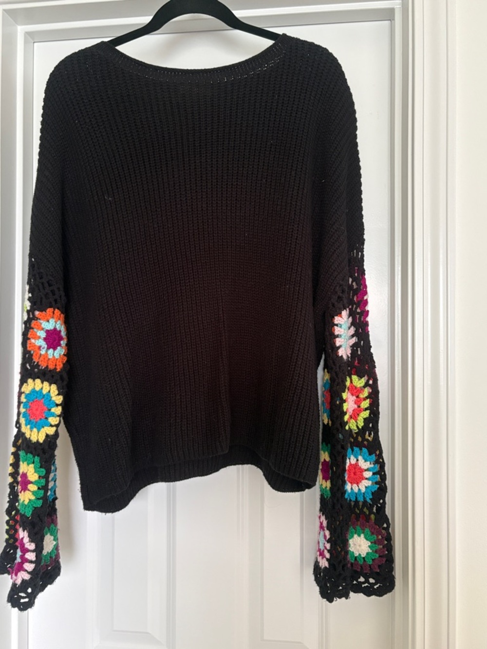 Black Crew-Neck Sweater with Multicolor Crochet Sleeve Accents